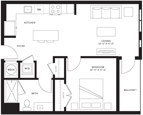 Floor plan for 1 bed, 1 bath, 692 sqft